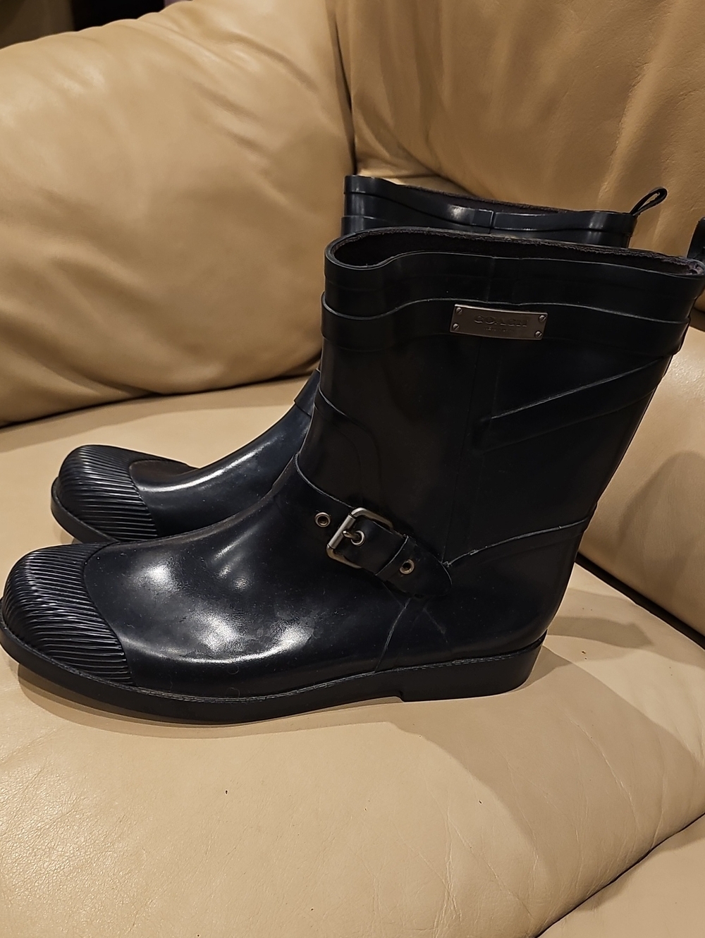 Coach Blue/ Black Womans Short Rain Boots with Buckle Detail